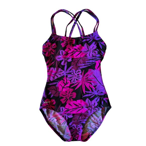 SPEEDO Swimsuit One Piece Hawaiian Hibiscus Floral Print Purple Black High Cut - Picture 1 of 8